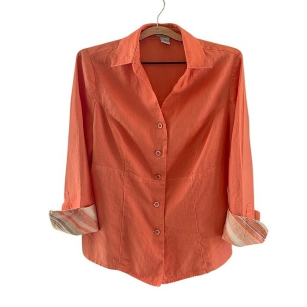 Tweed's Woman Collared Linen Button Down Shirt Roll Tab Sleeve‎ Coral Size 14W